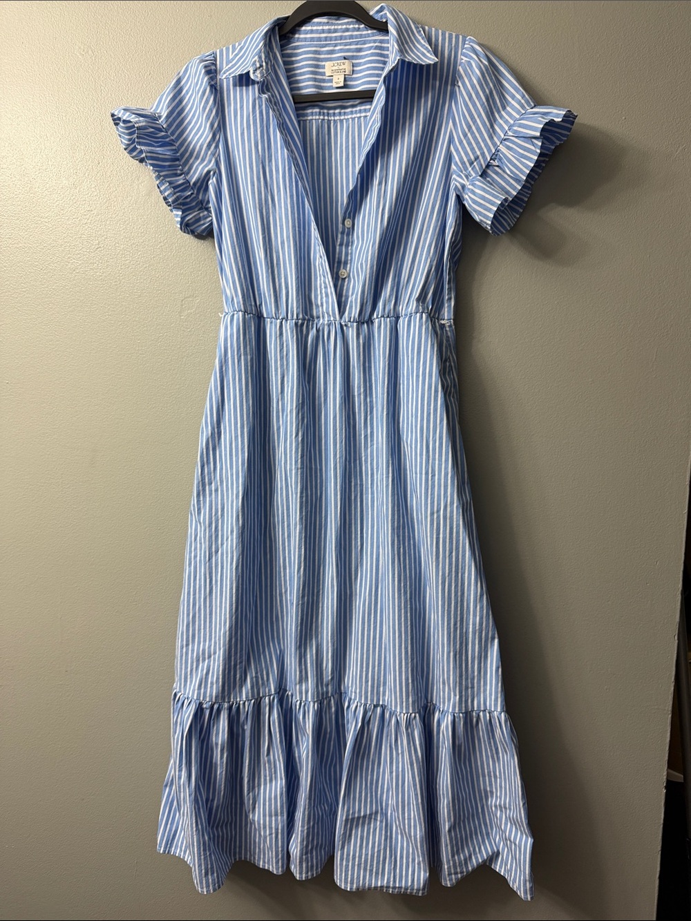 J.Crew Factory striped ruffle-sleeve shirt-dress in Sail Blue. 2 - Picture 3 of 8